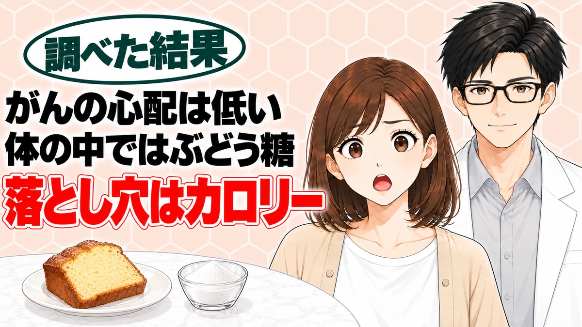 トレハロースに発がん性はある？焼き菓子と砂糖を前に驚くナナと微笑むセイジのアイキャッチ