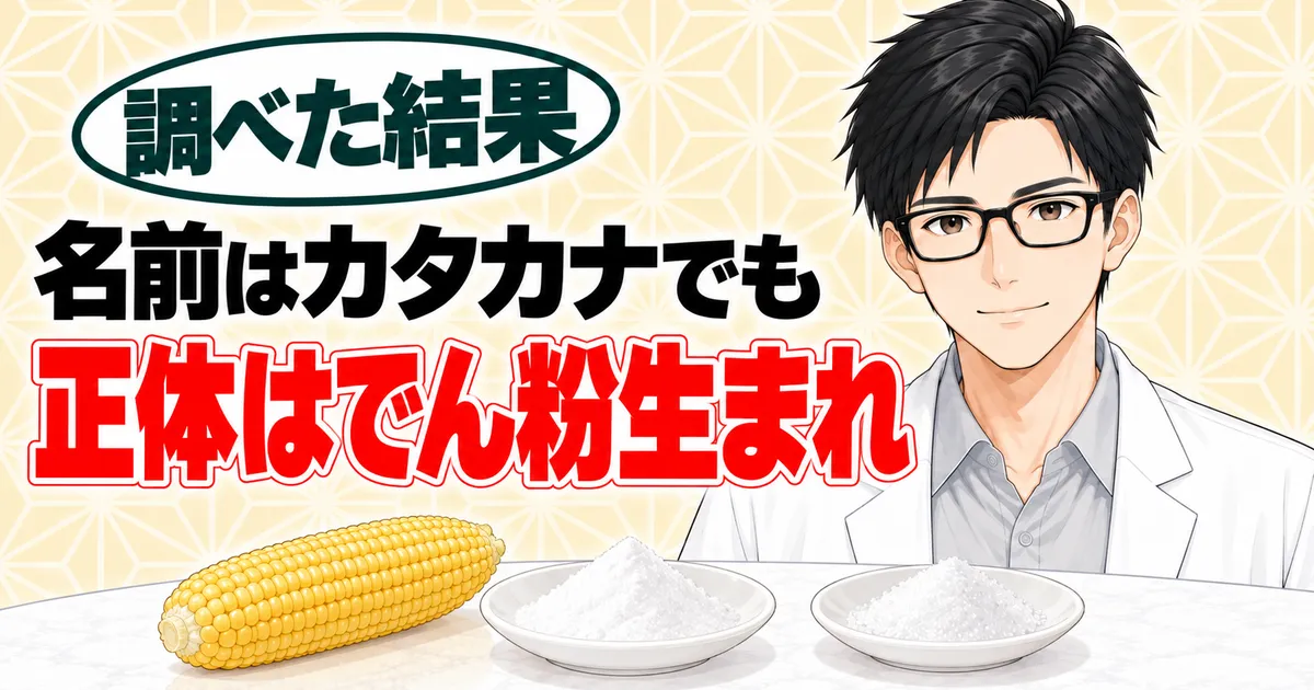 トレハロースとは何かのバナー。名前はカタカナでも正体はでん粉生まれと書かれ、とうもろこしと粉を前に説明するセイジ