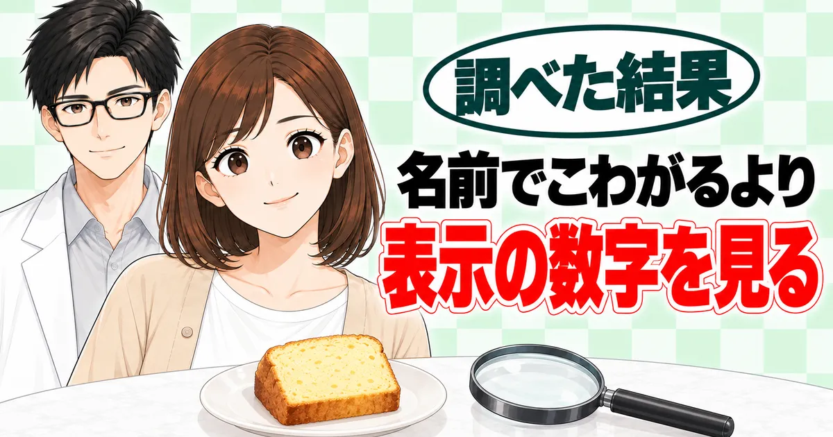 まとめのバナー。名前でこわがるより表示の数字を見ると書かれ、パウンドケーキと虫めがねを前に笑うナナとセイジ