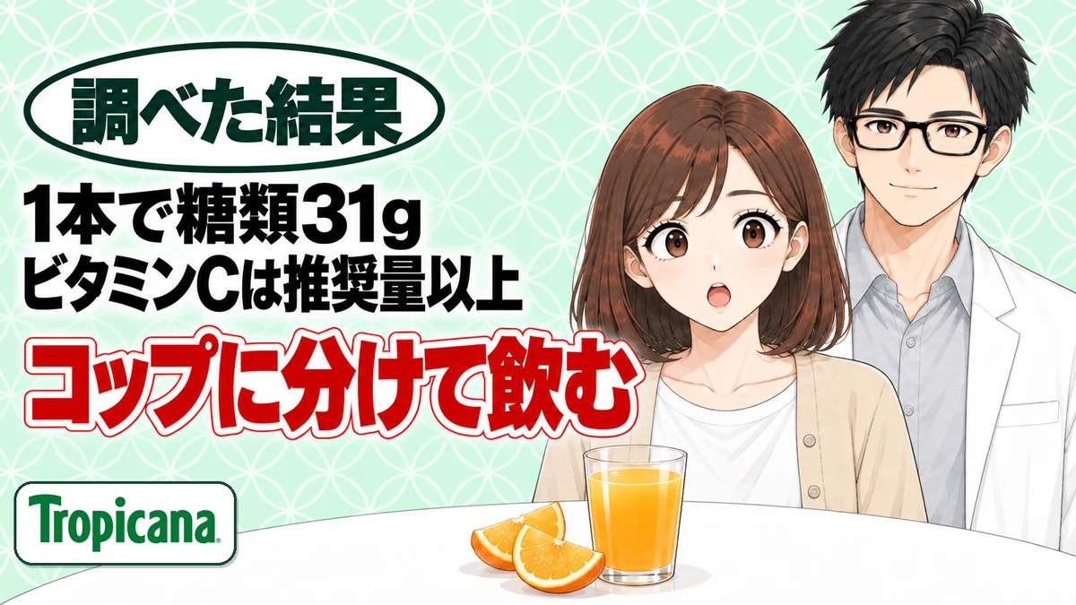 トロピカーナは1本で糖類31g、ビタミンCは推奨量以上、コップに分けて飲む、とオレンジジュースのグラスを前に驚くナナと微笑むセイジのアイキャッチ