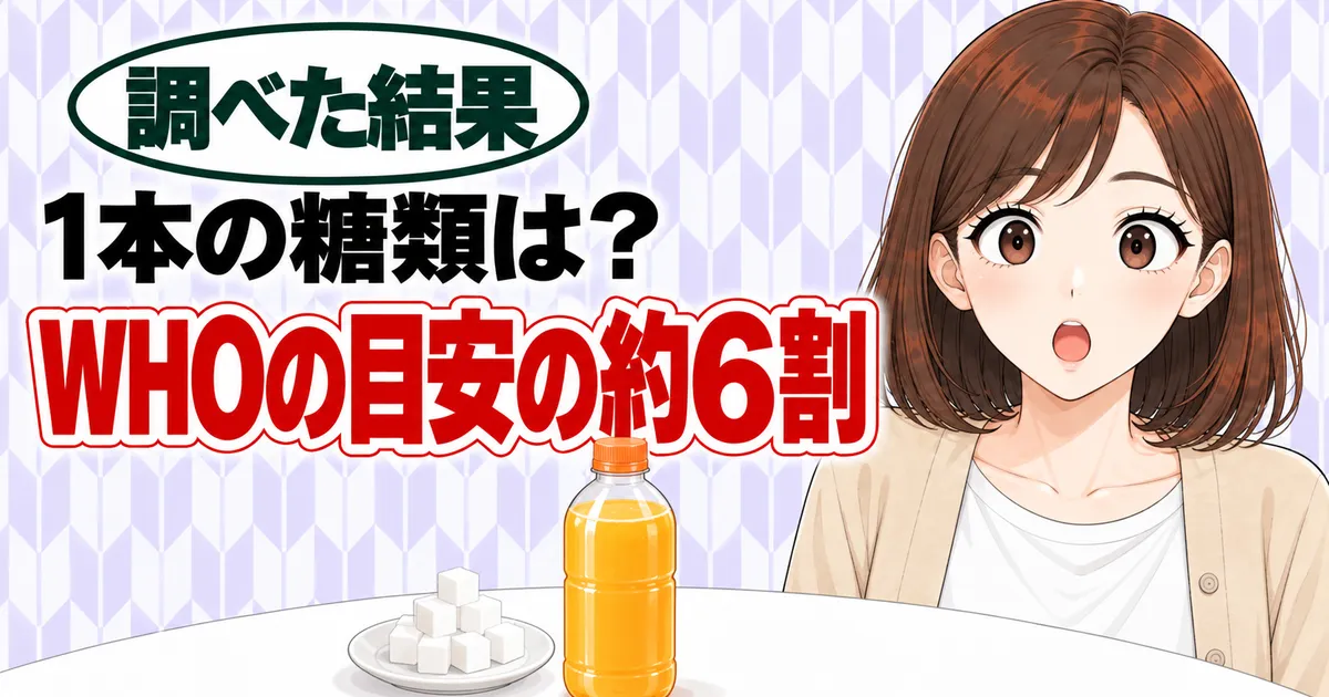 1本の糖類は？WHOの目安の約6割、と驚くナナとボトル・角砂糖のバナー