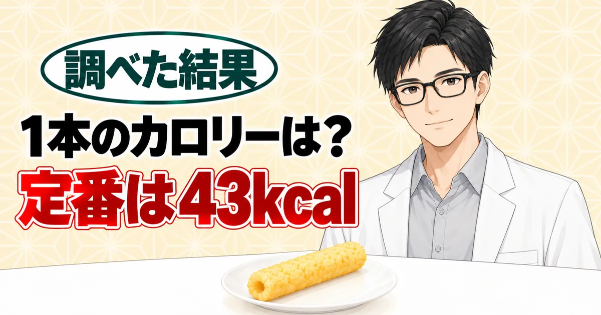 1本のカロリーは？定番は43kcal、と小皿のスナック1本を前に説明するセイジのバナー