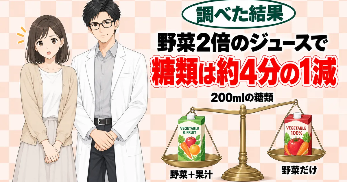 野菜2倍のジュースで糖類は約4分の1減。野菜＋果汁のパックが下がり、野菜だけのパックが上がる天秤と驚くナナ、セイジ