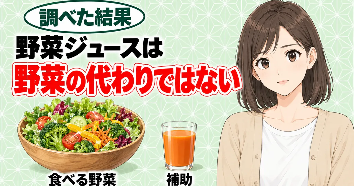 野菜ジュースは野菜の代わりではない。大きなサラダボウルの食べる野菜と、小さなコップの野菜ジュースの補助、ナナ