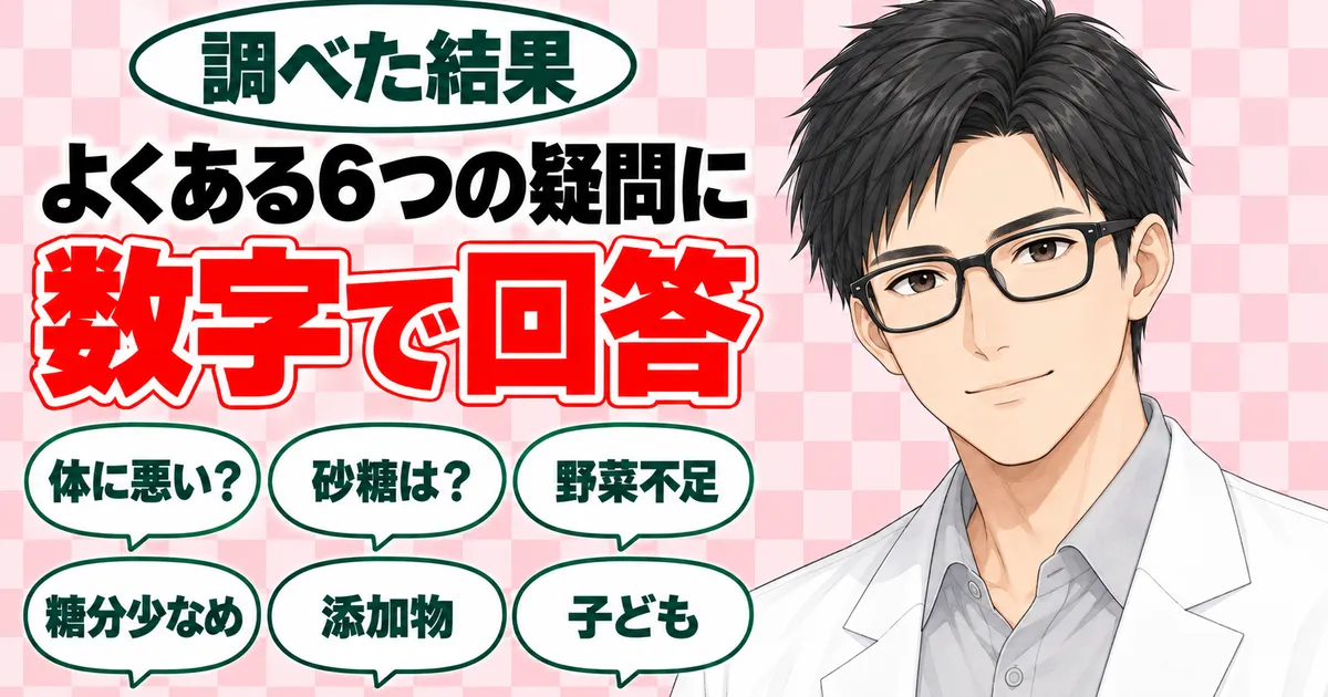 よくある6つの疑問に数字で回答。体に悪い？砂糖は？などの吹き出しと得意げなセイジ