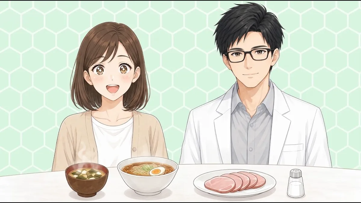 成分ラボのナナとセイジが、みそ汁やラーメンを前に減塩の方法を考えるイラスト
